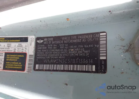 2011 Mini Cooper from USA, damaged, VIN WMWZN3C57BT133614